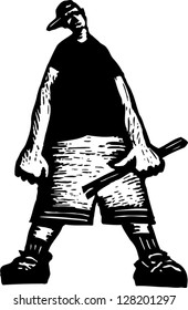 Black and white vector illustration of criminal or hoodlum with pipe weapon