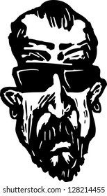 Black and white vector illustration of criminal face with sunglasses