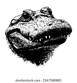 black and white vector illustration of a crocodile head with detailed texture and realistic features, perfect for wildlife, animal-themed designs, and educational materials