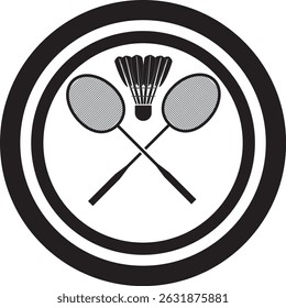 Ilustração vetorial em preto e branco de raquetes de badminton cruzados e galo de transporte dentro de um emblema circular. Perfeito para logotipos de esportes, emblemas, marca de equipe, ícones de torneio ou design de clube atlético.