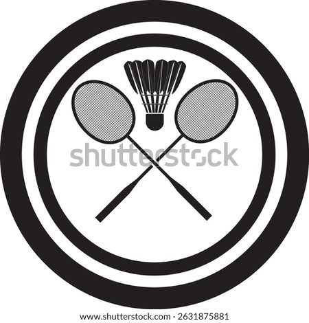 Black and white vector illustration of crossed badminton rackets and shuttlecock inside a circular emblem. Perfect for sports logos, badges, team branding, tournament icons, or athletic club design.