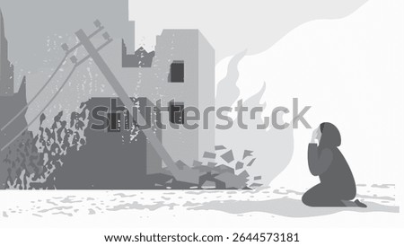 Black and white vector  illustration of crying  woman  in war-torn ruined city. 