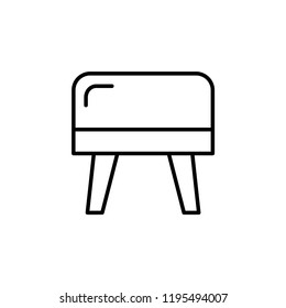 Black & white vector illustration of cube leather ottoman, pouf. Line icon of accent stool or chair. Living room, bedroom & patio furniture. Isolated object on white background. 