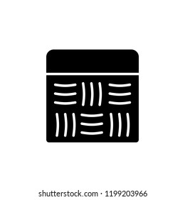 Black & white vector illustration of cube braided ottoman, pouf. Flat icon of accent stool or chair. Living room, bedroom & patio furniture. Isolated object on white background. 