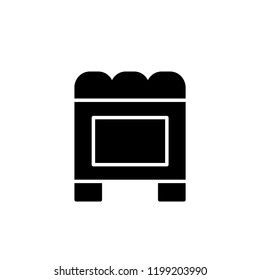 Black & white vector illustration of cube leather ottoman, pouf. Flat icon of accent stool or chair. Living room, bedroom & patio furniture. Isolated object on white background. 