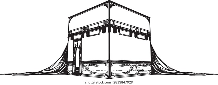 Black and white vector illustration of cubic holy structure with elegant fabric drapes and traditional islamic motifs.