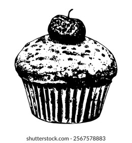 black and white vector illustration of a cupcake with a cherry on top, detailed texture and vintage style, perfect for bakery themes and dessert-related designs