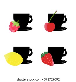 Black and white vector illustration of cups. Cups with colored fruit. Cup with raspberry. Cup with cherry. Cup with lemon. Cup with strawberry. Cups with colored fruits isolated on a white background.