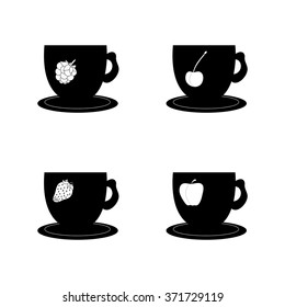 Black and white vector illustration of cups. Cups with fruit print. Cup with raspberry. Cup with cherry. Cup with an apple. Cup with strawberry. Cups isolated on a white background.