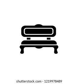 Black & white vector illustration of cushioned bench. Flat icon of vintage sofa for living room, patio. Retro furniture. Isolated object on white background