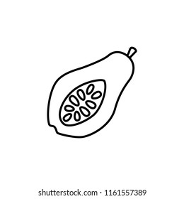 Black & white vector illustration of cut papaya with seeds. Line icon of fresh tropic fruit. Vegan & vegetarian food. Health eating ingredient. Isolated object on white background. 