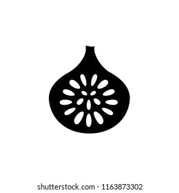 Black & white vector illustration of cut fig fruit with seeds. Flat icon of fresh anjeer. Vegan & vegetarian food. Health eating ingredient. Isolated object on white background. Front view.