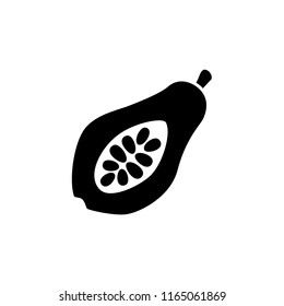 Black & white vector illustration of cut papaya with seeds. Flat icon of fresh tropic fruit. Vegan & vegetarian food. Health eating ingredient. Isolated object on white background. 