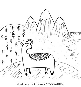 Black and white vector illustration, cute sheep in the mountains, coloring book for kids.