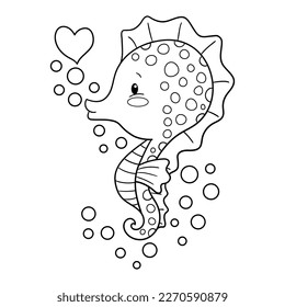 Ilustración vectorial en blanco y negro de un lindo caballito de mar azul, rodeado de burbujas y soplando una burbuja en forma de corazón, página de color