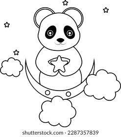 Black And White Vector Illustration Of Cute Panda Animal Holding Star Concept Art Coloring Pages For Kids