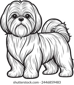 Black and White Vector Illustration of a Cute Shih Tzu Dog Standing