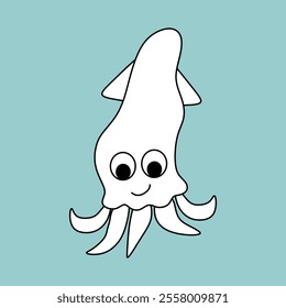 Black and white vector illustration of cute cartoon squid. Linear image of a squid, icon, simple drawing