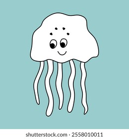 Black and white vector illustration of cute cartoon jellyfish. Linear image medusa, icon, simple children's drawing