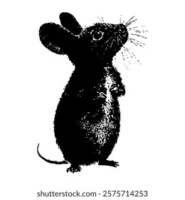 black and white vector illustration of a cute mouse standing upright, showcasing detailed fur texture and expressive features, perfect for animal designs, educational materials, and children’s art.