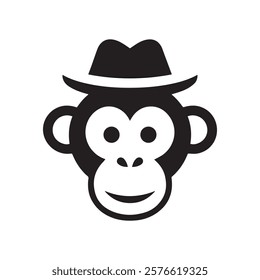 Black and white vector illustration of a cute monkey face wearing a hat ideal for logos kids designs animal-themed graphics and creative projects.