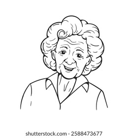 Black and white vector illustration of a cute elderly woman. Outline drawing for coloring book, postcard for grandma, poster, sticker