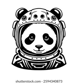 Black and white vector illustration of a cute panda in a futuristic astronaut helmet. Perfect for t-shirts, tattoos, stickers, and digital art. A blend of space exploration and wildlife symbolism.