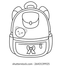 Black and white vector illustration of a cute kids backpack. The backpack features decorative elements such as a bow, hearts, stars, and a small teddy bear. Coloring book style drawing, 