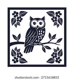 Ilustración vectorial en blanco y negro de un lindo búho posado en una rama de árbol con plumas detalladas y Grandes ojos expresivos rodeados de hojas y flores en un borde decorativo ideal para