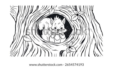 Black and white vector illustration of a cute cartoon squirrel holding an acorn inside a tree hollow. Line art style, perfect for coloring books or children’s educational materials.