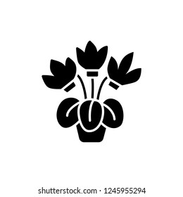 Ilustración vectorial en blanco y negro de ciclamen con flores y hojas en maceta. Icono plano de la planta decorativa de la floración casera en el envase. Objeto aislado sobre fondo blanco