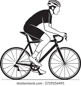 Ilustración vectorial en blanco y negro de un ciclista en bicicleta de carretera, diseño plano mínimo adecuado para gráficos deportivos, conceptos de ciclismo, marca de fitness y uso de íconos o logotipos.

