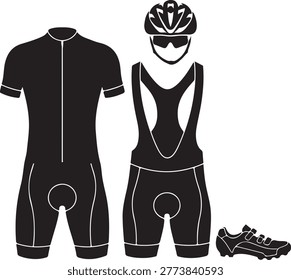 Black and white vector illustration of a cyclist in a triathlon suit, helmet, and cycling shoes ready for a race or training session.