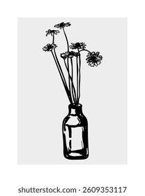 Black and White Vector Illustration of Daisies in a Glass Bottle