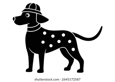 Black and white vector illustration of a Dalmatian dog wearing a hat. The dog is depicted in a simple silhouette style against a white background. The style is minimalist and flat.