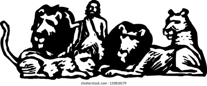 Black and white vector illustration of Daniel and lions