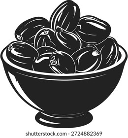 Una Ilustración vectorial en blanco y negro de dátiles apilados en un cuenco decorativo