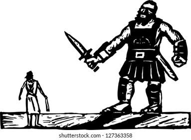 Black And White Vector Illustration Of David And Goliath