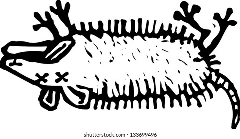 Black and white vector illustration of a dead opossum