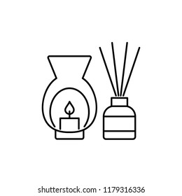 Black & white vector illustration of decorative burner with candle & reed diffusers. Line icon of aromatherapy element. Home decor items. Isolated objects on white background. 