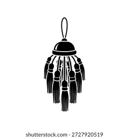 Una Ilustración vectorial en blanco y negro de un adorno decorativo de borla con múltiples flecos que cuelgan de una parte superior central en forma de campana, con un bucle para colgar.