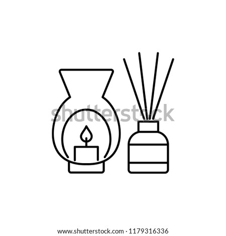 Black & white vector illustration of decorative burner with candle & reed diffusers. Line icon of aromatherapy element. Home decor items. Isolated objects on white background. 