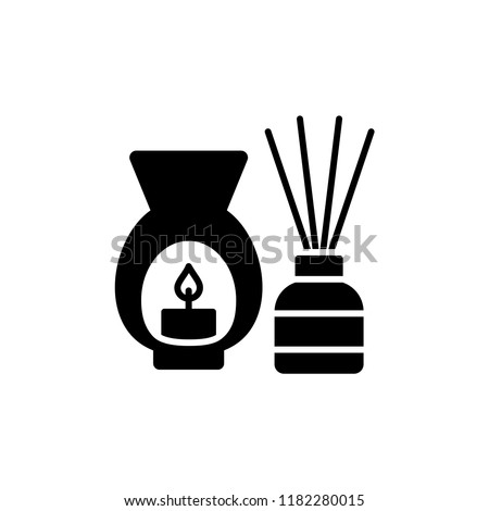 Black & white vector illustration of decorative burner with candle & reed diffusers. Flat icon of aromatherapy element. Home decor items. Isolated objects on white background. 