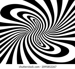 Black and white vector illustration of deformed mobius torus inside view with geometrical hypnotic twisting striped lines. 