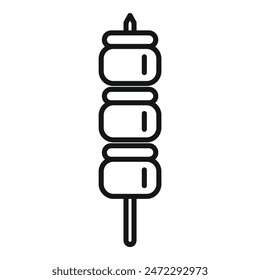 Black and white vector illustration of a delicious and tasty grilled marshmallow skewer icon, perfect for campfire, camping, summer snack, outdoor picnic, or party celebration