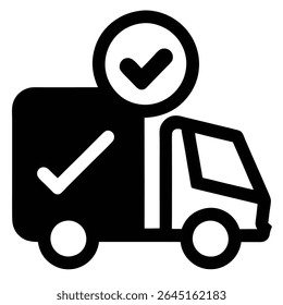 Ilustración vectorial en blanco y negro de un camión de reparto con marcas de verificación que indican una entrega exitosa. Líneas y Formas simples y audaces.