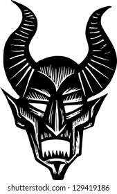 Black and white vector illustration of a demon face