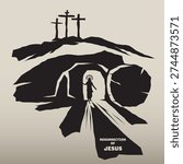 black and white vector illustration depicting the biblical scene of the Resurrection of Jesus Christ. The image features the silhouette of an empty tomb with the stone rolled away, revealing a radiant figure standing in the entrance.