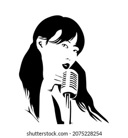 black and white vector illustration depicting a girl with a microphone for prints on clothes, flyers, labels and for decorating interiors in a musical style