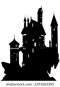 black and white vector illustration depicting an old castle for prints on banners, postcards and for decoration in vintage style